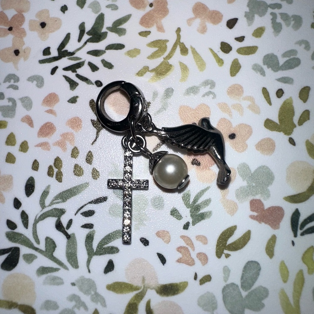 Fossil Silver Cross Bird Pearl Charm clip on for bracelet rhinestone wings